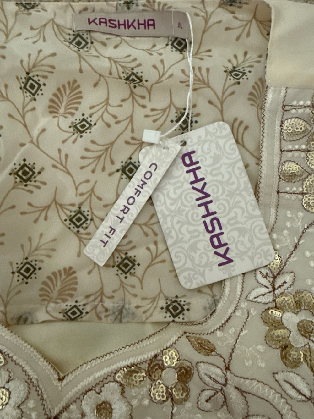 Boho Prairie Maxi Dress Beige Floral XL Gold Sequins NWT - Picture 3 of 15
